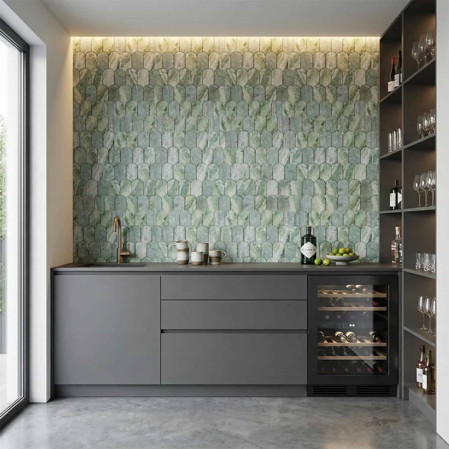 Describe tile color, texture, and.