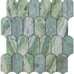 Green marble tile with a textured surface and arched shape, showcasing natural stone patterns and subtle color variations.