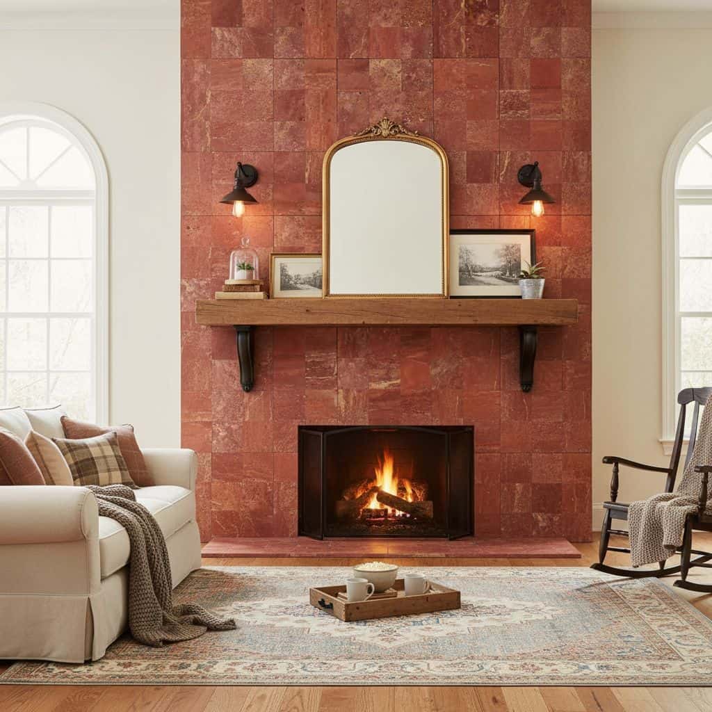 Red stone tile fireplace with wooden mantel, mirror, and cozy living room setting.