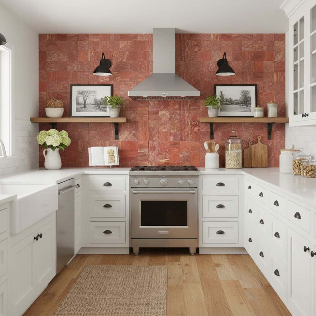 Red slate tile backsplash with textured surface in a modern kitchen setting.