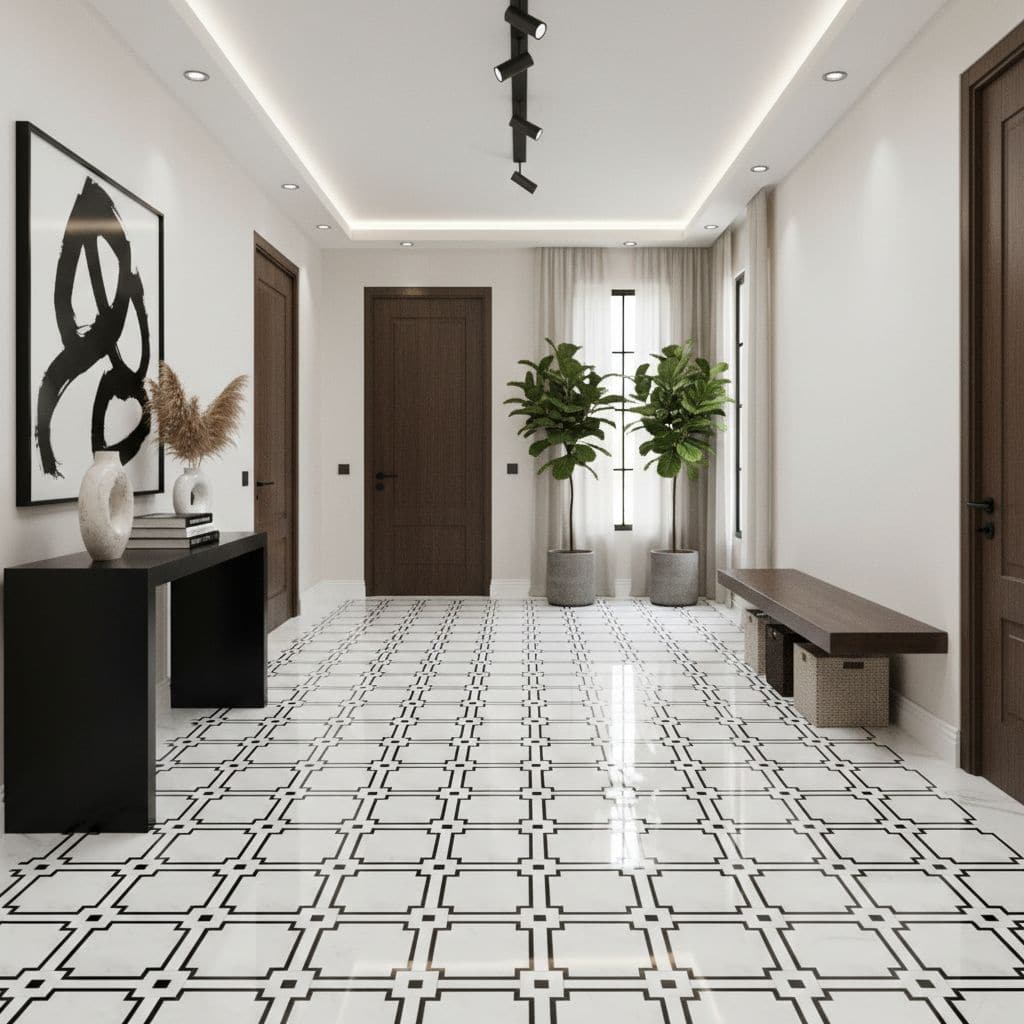 Black and white geometric patterned ceramic tile with a glossy finish.
