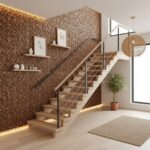 Warm-toned wood stairs with sleek metal railing and textured brown tile wall.