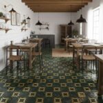 Bright, patterned tile with green and gold geometric design, glossy finish, in a cozy dining room with wooden furniture and w.