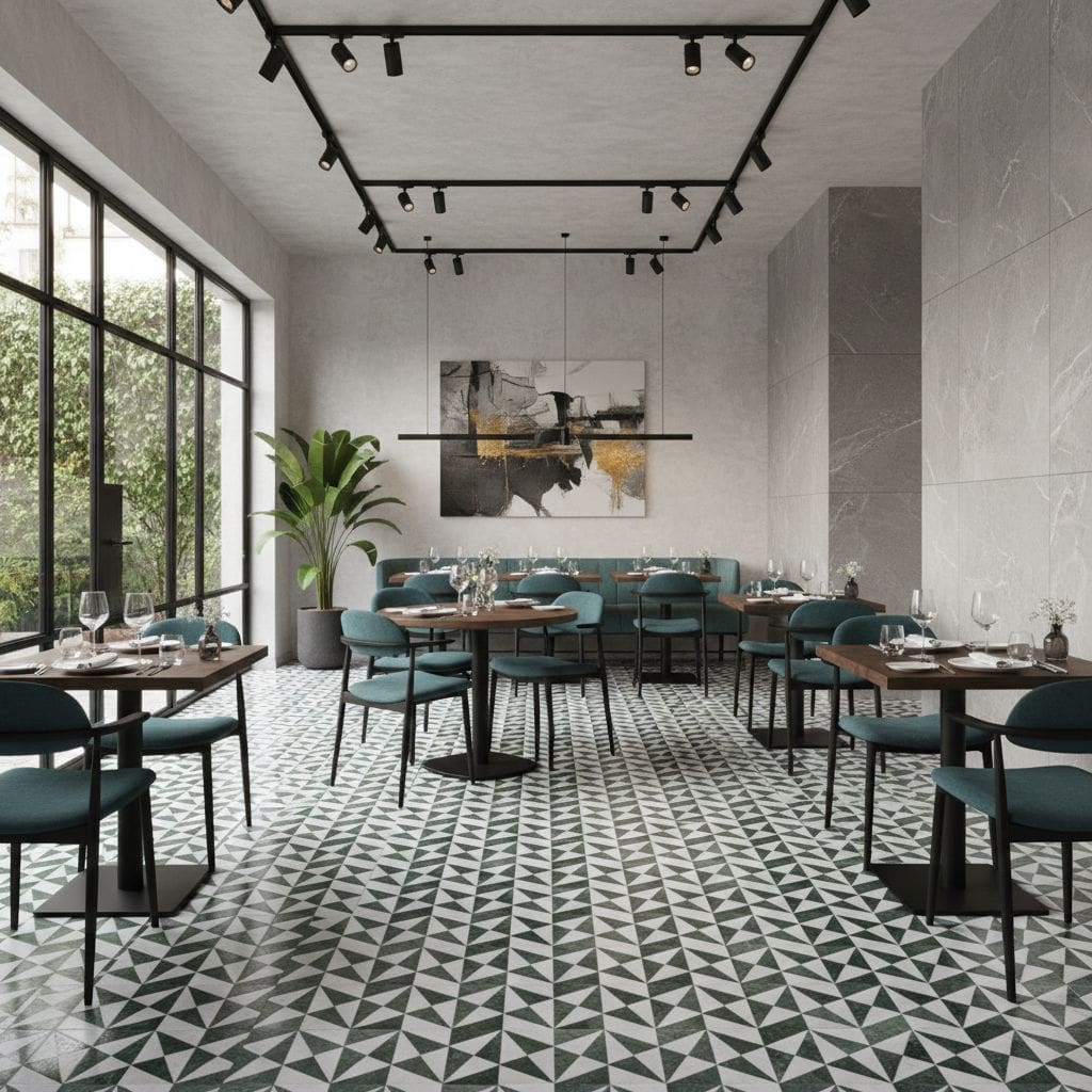 Elegant gray marble tile with a smooth, polished texture and subtle veining, enhancing the contemporary dining space.