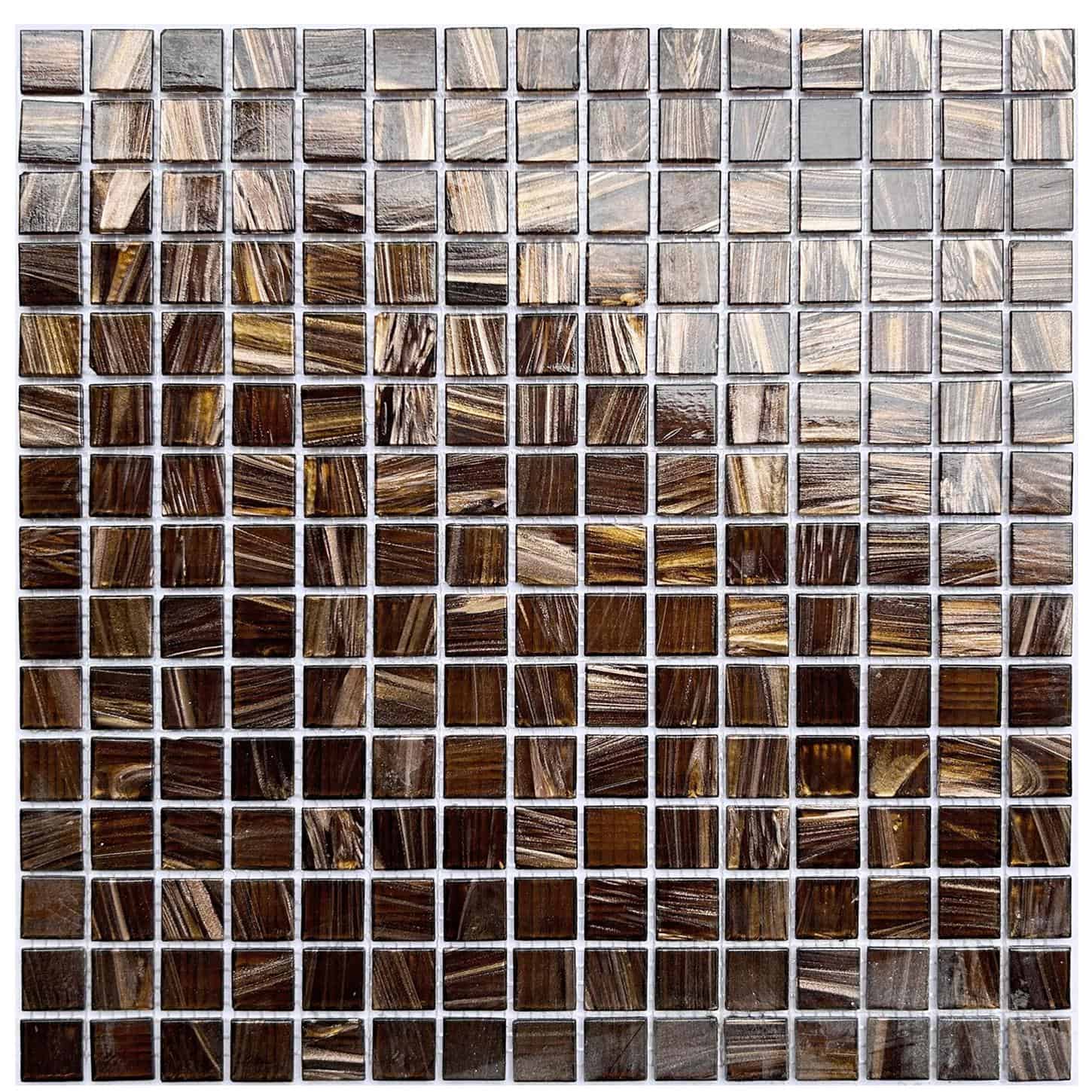 Glass tile backsplash with brown and beige tones, perfect for kitchen or pool decor. High-quality glass mosaic tile for elega.