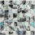 Up of a glass mosaic tile backsplash featuring black, white, and iridescent blue accents, ideal for modern kitchen or bathroo.