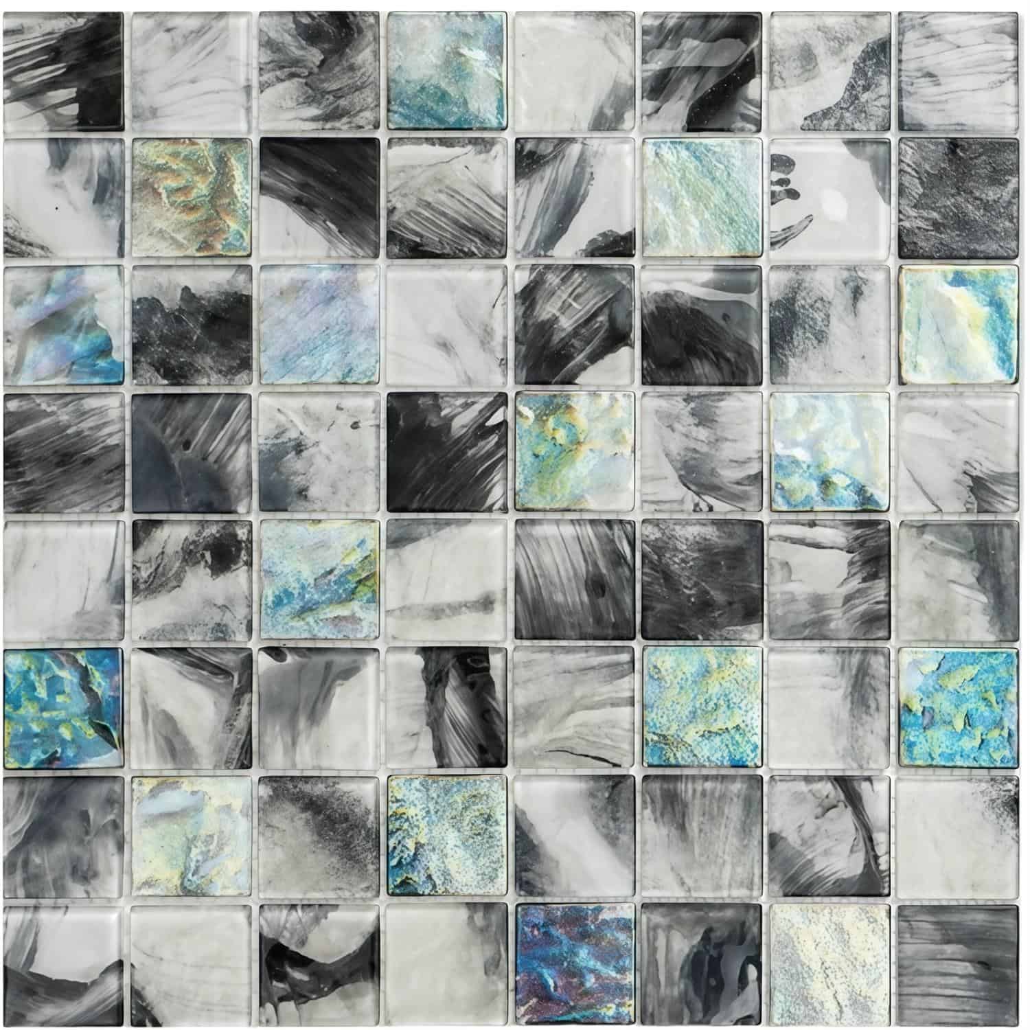 Up of a glass mosaic tile backsplash featuring black, white, and iridescent blue accents, ideal for modern kitchen or bathroo.