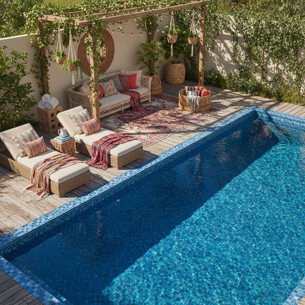 Relaxing pool area featuring glass tile backsplash and mosaic tiles for a stylish look.