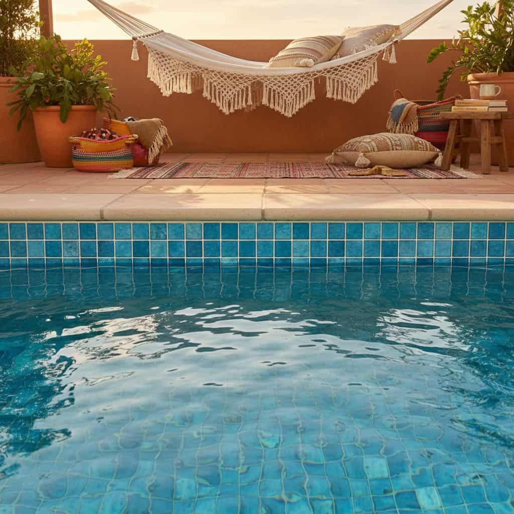 Poolside glass mosaic tile decor with hammock and potted plants on terrace.