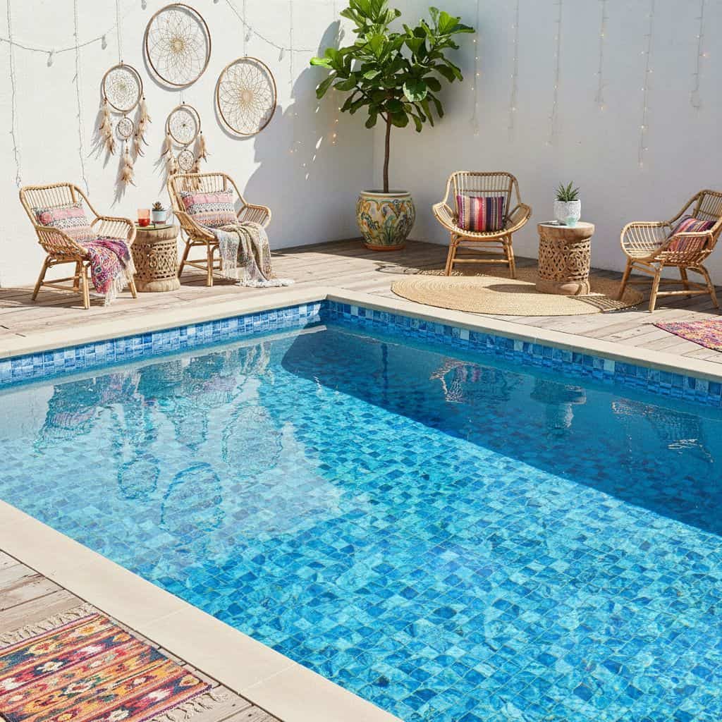 A beautiful outdoor pool area featuring a glass mosaic tile pool with cozy wicker chairs, dreamcatchers, and potted plants fo.