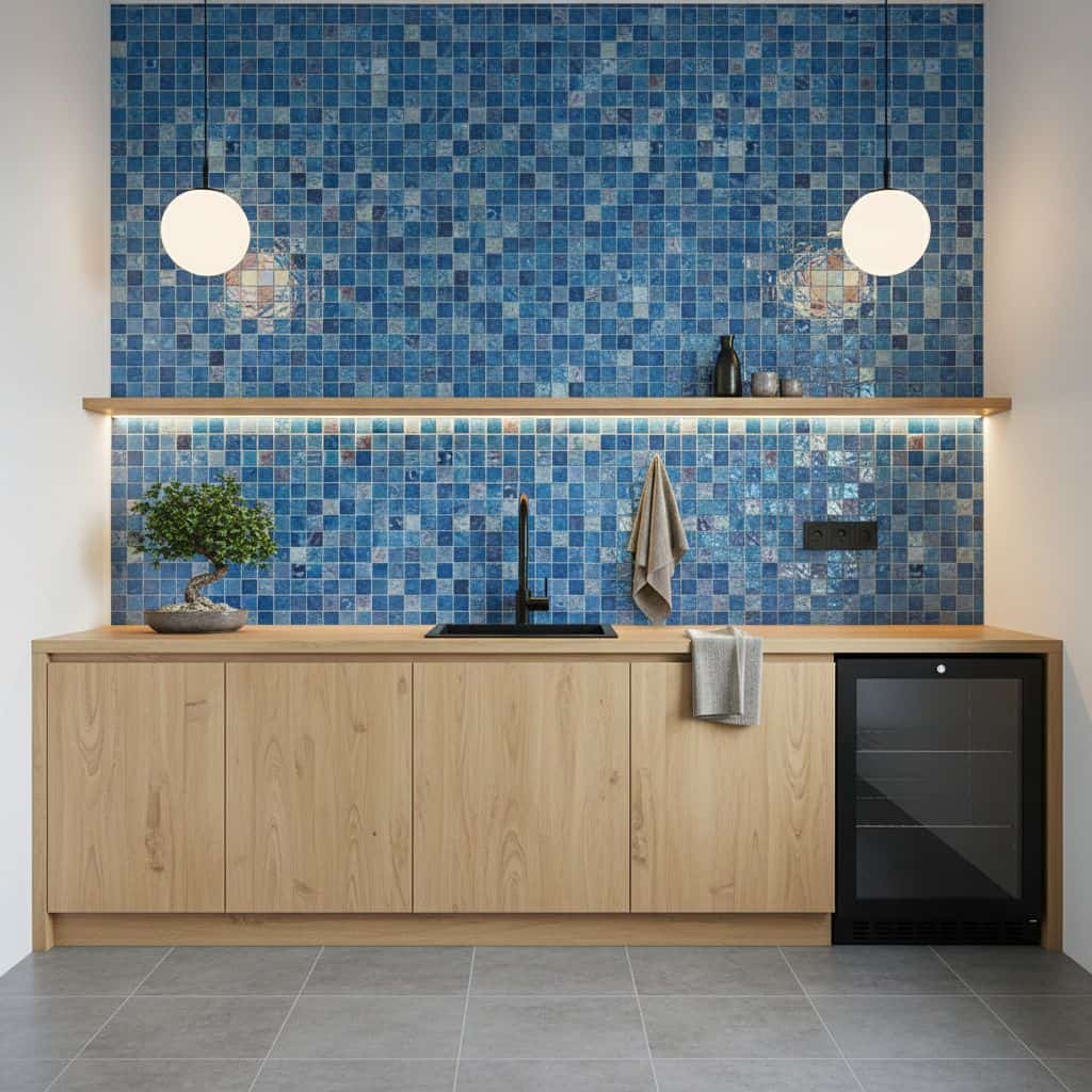 Blue glass tile backsplash with mosaic pattern behind kitchen sink and countertop.
