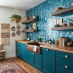 Blue glass tile backsplash in a modern kitchen with open shelving and wooden accents.