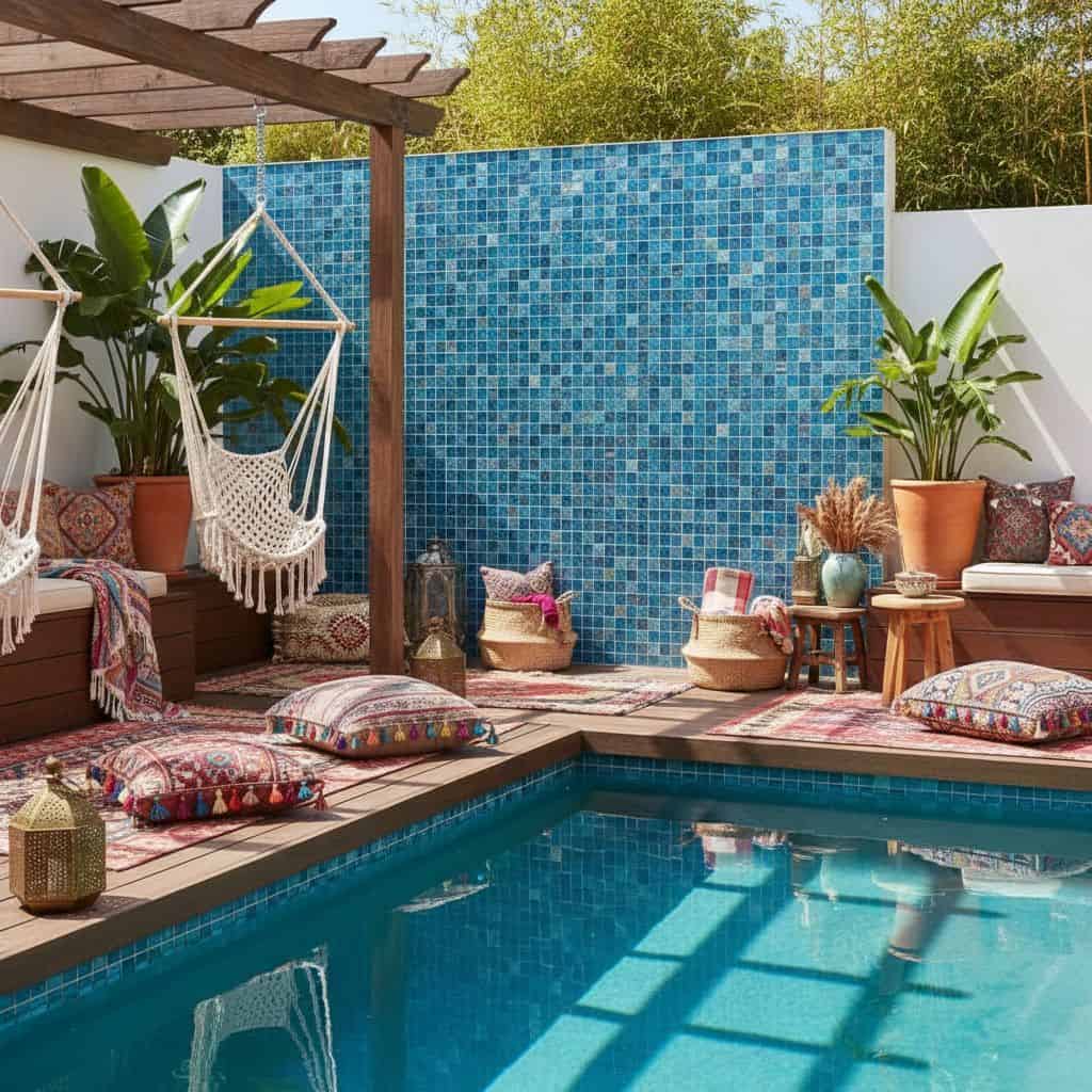 Vibrant outdoor pool area featuring a glass mosaic tile backsplash, cozy seating, and lush plants for a relaxing ambiance.