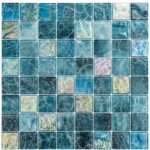 Colorful glass mosaic tile with crackled and iridescent effects, ideal for kitchen backsplashes or swimming pools.