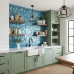 Bright blue glass mosaic tile backsplash with open shelving and farmhouse sink.