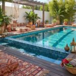 Poolside glass mosaic tile decor with lush greenery and cozy seating area.