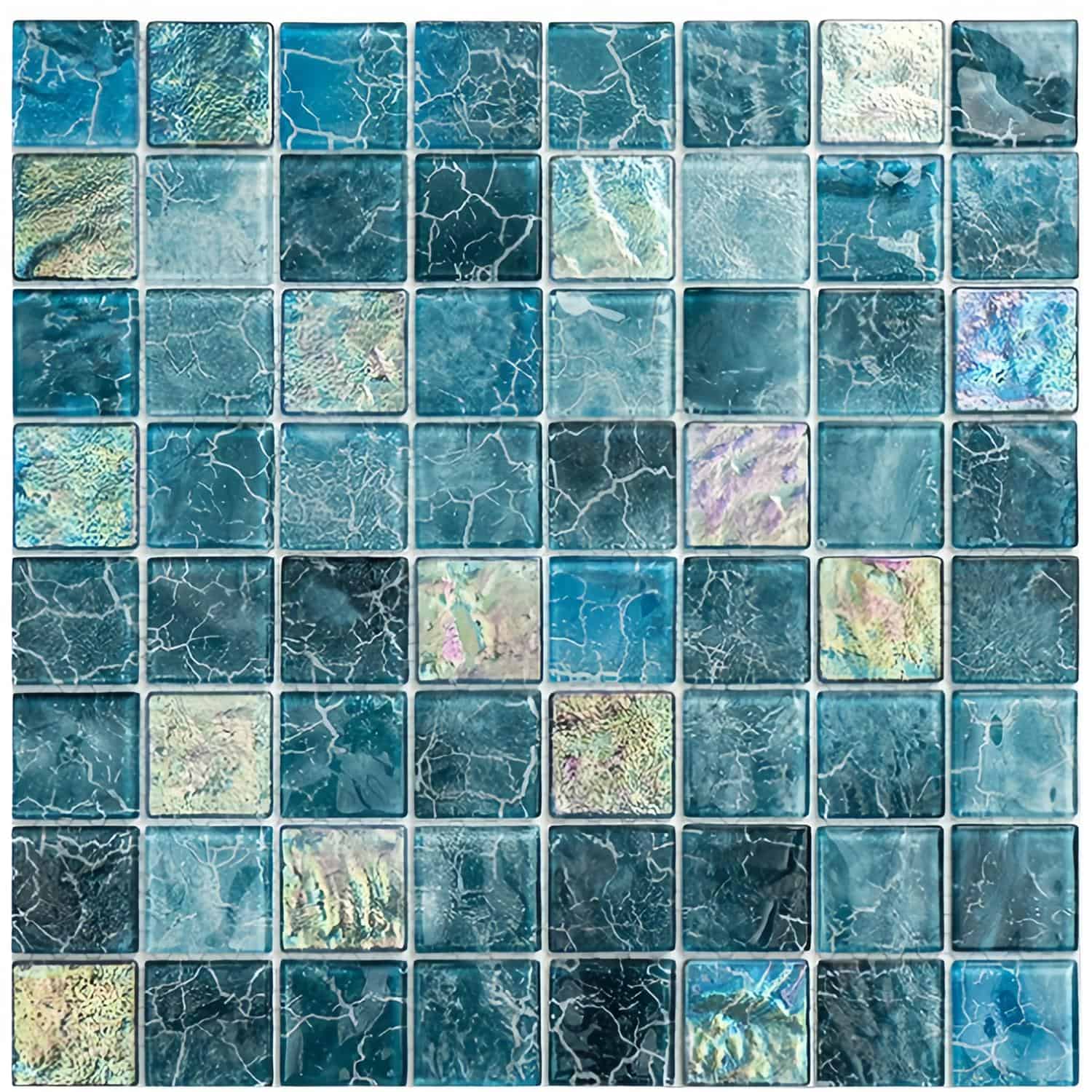 Colorful glass mosaic tile with crackled and iridescent effects, ideal for kitchen backsplashes or swimming pools.