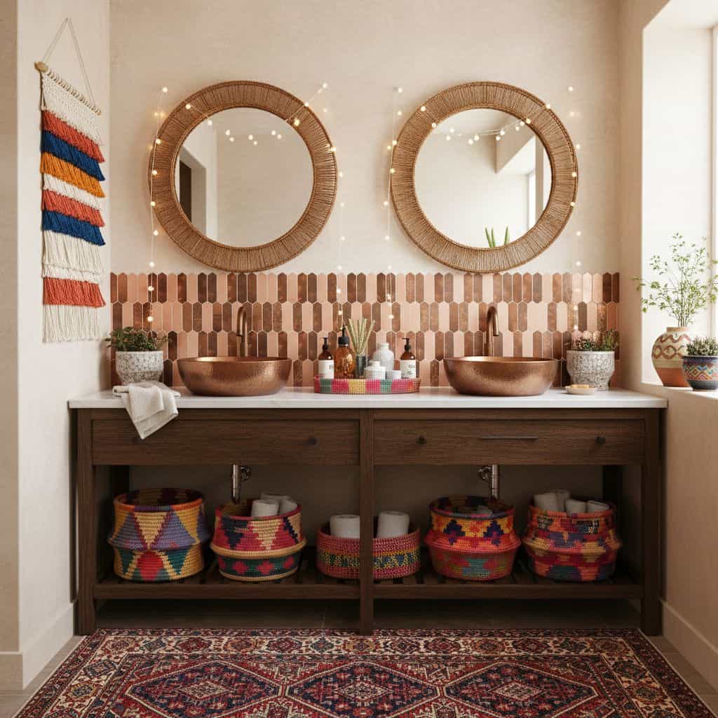 Two round mirrors above a wooden vanity with colorful baskets.