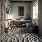 Vintage black and white geometric patterned tile in bathroom with rustic wooden furniture and modern fixtures.