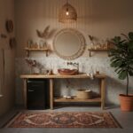 Rustic bathroom with copper sink, wooden vanity, and decorative accents.