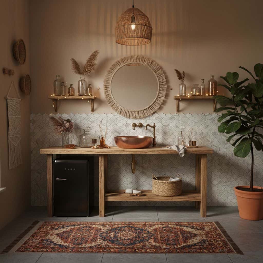 Rustic bathroom with copper sink, wooden vanity, and decorative accents.