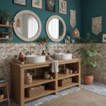 Natural oyster shell tile accents in a modern bathroom with dual sinks and boho decor.
