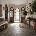 Warm-toned hexagonal ceramic tiles with textured surface and intricate patterns.