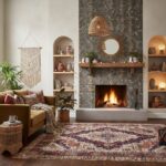Warm mosaic tile fireplace with wooden mantel, surrounded by boho-style decor and plush seating in a cozy living room setting.