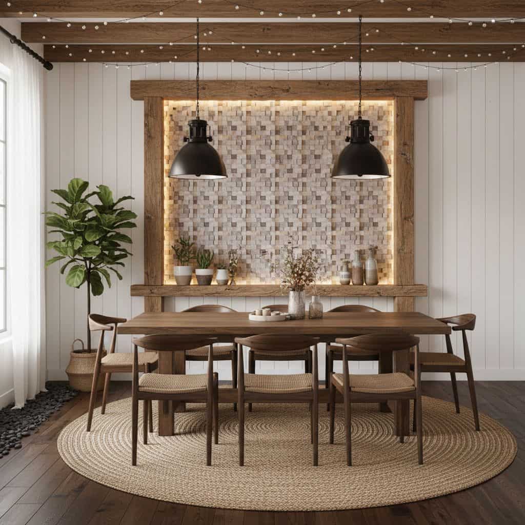 Textured beige tile wall with stone accents, warm wood furniture, and cozy lighting.