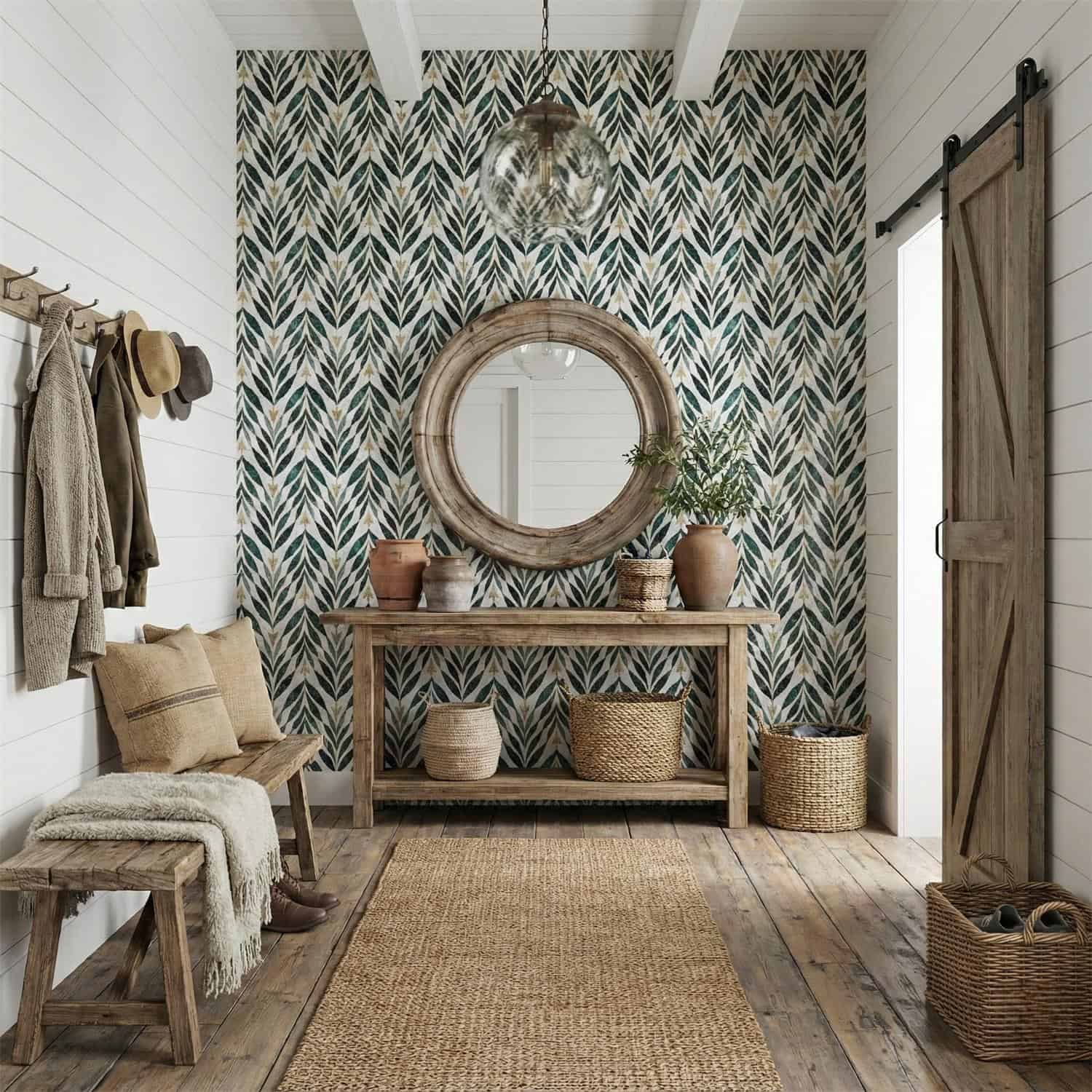 A decorative wall tile with a leaf pattern in shades of blue and beige, featuring a textured surface that adds depth and visu.