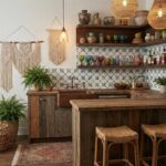 A cozy kitchen featuring rustic wooden cabinets, colorful ceramic tiles, and bohemian decor with plants and woven accents.