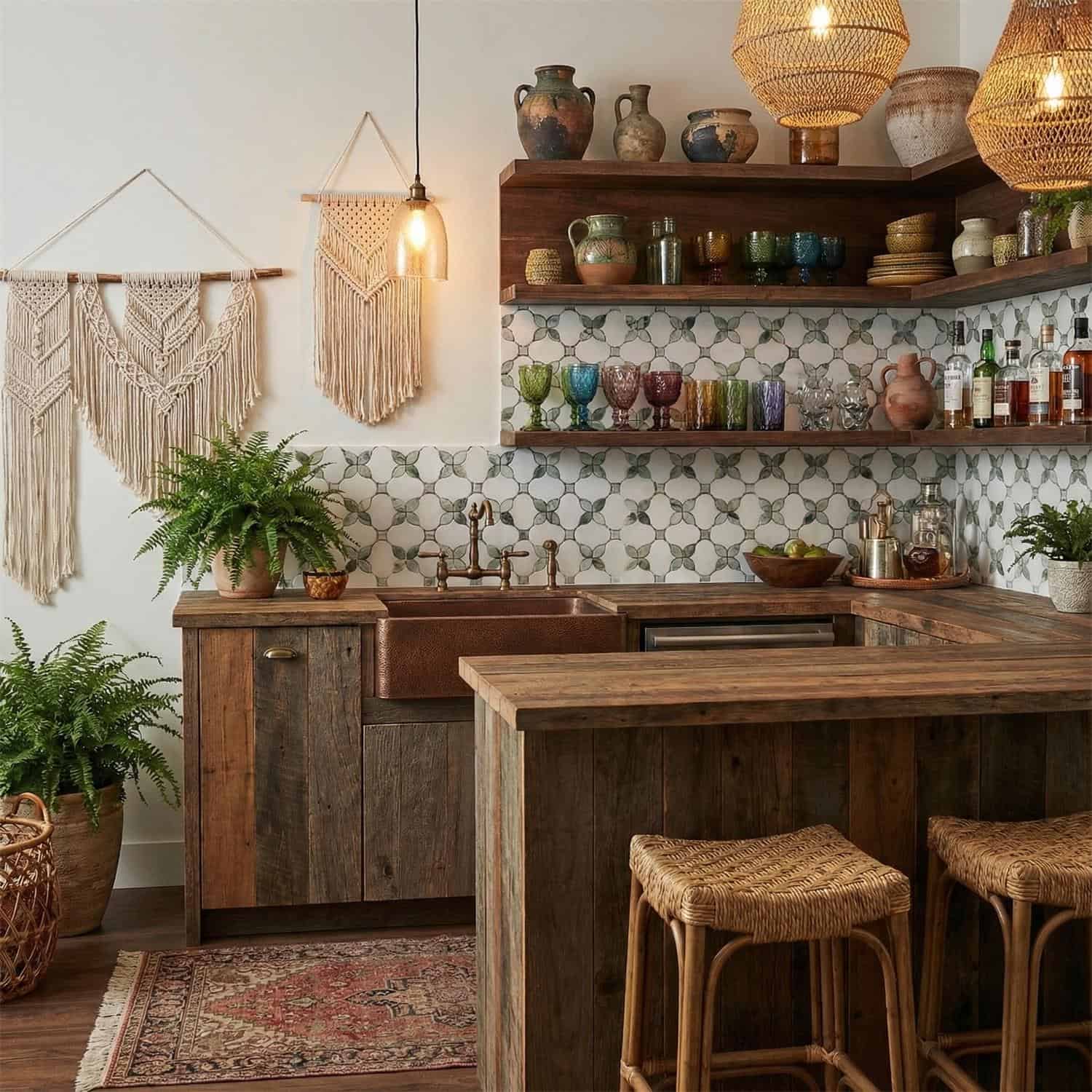 A cozy kitchen featuring rustic wooden cabinets, colorful ceramic tiles, and bohemian decor with plants and woven accents.