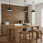 Image of a kitchen with peel and stick tile backsplash and wooden furniture.