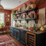 Bright kitchen with peel and stick tile backsplash, dark cabinetry, and decorative wall accents.