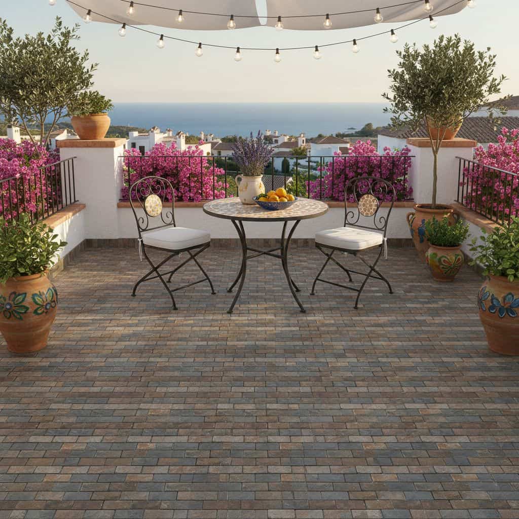 Brightly colored brick pavers in earthy tones with a textured surface, complemented by lush potted plants and vibrant flowers.