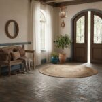 Warm-toned brick flooring with textured surface, paired with elegant wooden double doors featuring wrought iron details.
