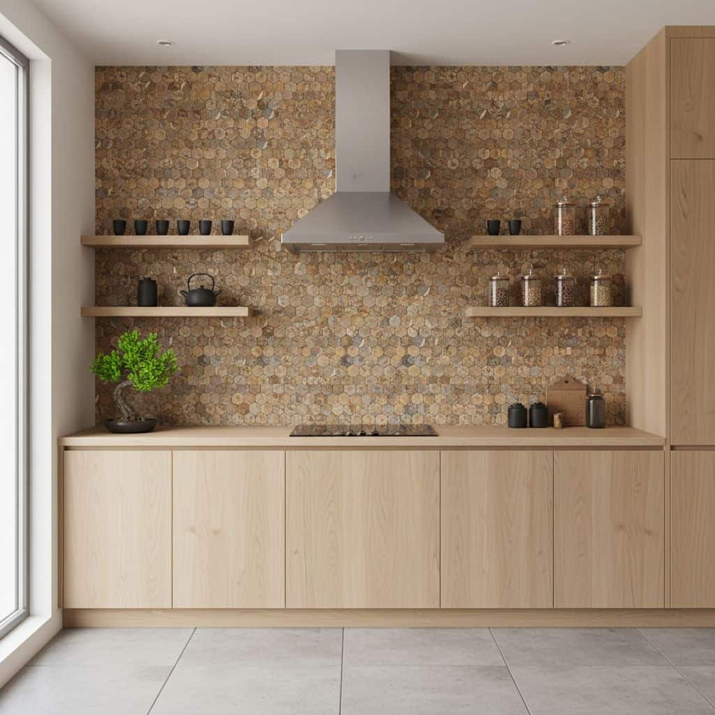 Modern kitchen with peel and stick tile backsplash, wooden cabinets, and open shelves.
