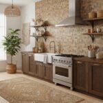 Image of a modern kitchen with peel and stick tile backsplash, wooden cabinets, and natural decor elements.