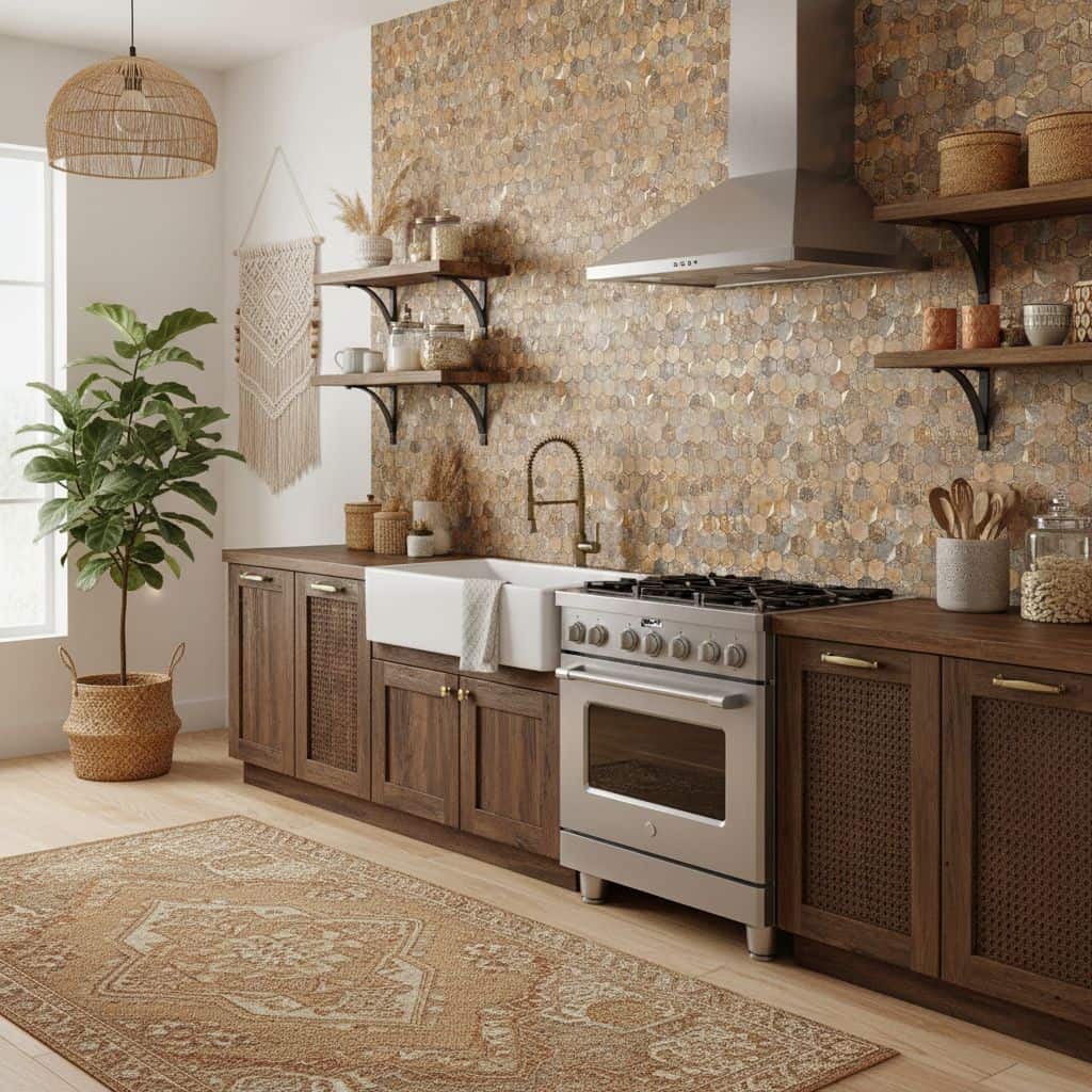 Image of a modern kitchen with peel and stick tile backsplash, wooden cabinets, and natural decor elements.