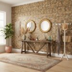 Decorative peel and stick tile wall with mirrors and accessories.