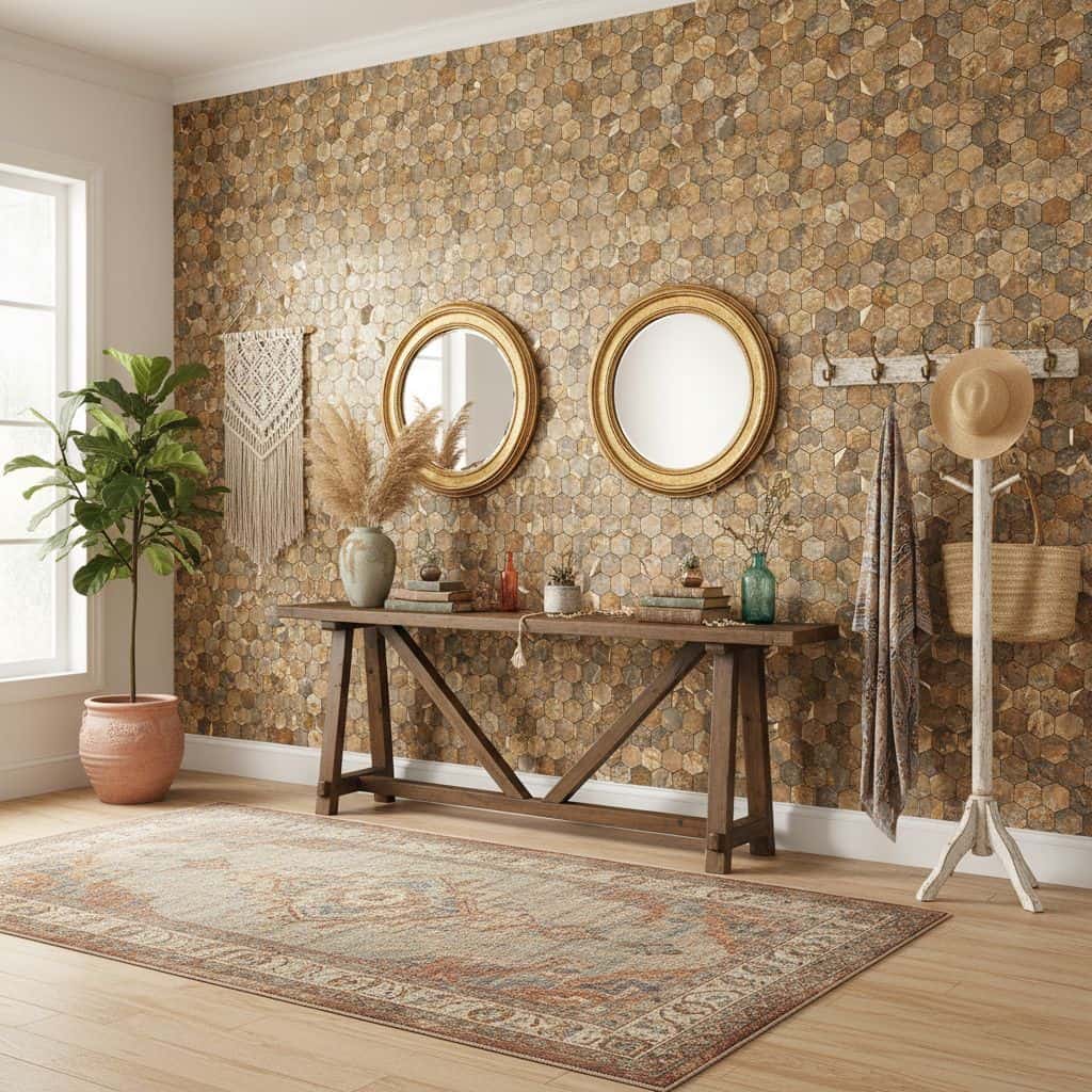Decorative peel and stick tile wall with mirrors and accessories.
