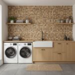 Laundry room with peel and stick wall tile behind sink.