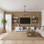 Modern living room with peel and stick wall tile behind TV, white furniture, and cozy decor. Easy DIY home upgrade with peel.