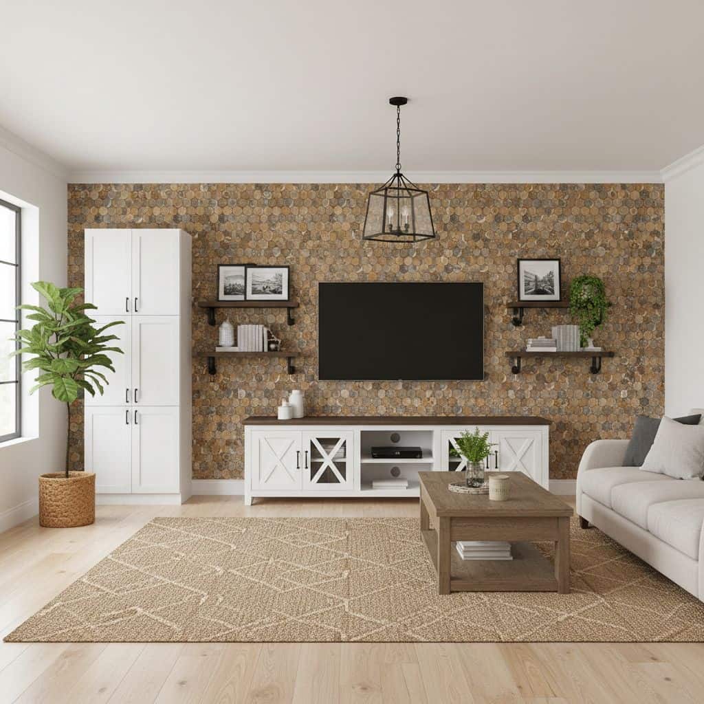 Modern living room with peel and stick wall tile behind TV, white furniture, and cozy decor. Easy DIY home upgrade with peel.
