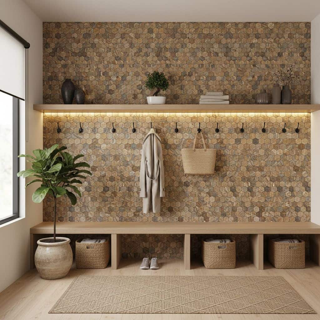 Stylish peel and stick wall tile in a modern interior with decorative accessories and a cozy ambiance.