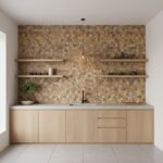 Peel and stick wall tile backsplash in a modern kitchen with wooden cabinets and open shelves, perfect for easy home renovati.