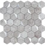 Modern gray hexagon peel and stick wall tile for backsplash or accent walls. Easy DIY installation for home renovation projec.