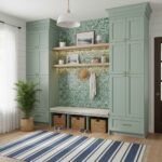 Mint green built-in storage with peel and stick tile backsplash and decorative shelves in a modern home entryway.