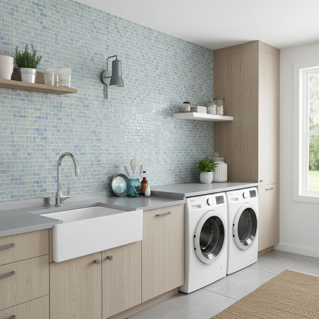 Blue glass tile backsplash behind laundry sink and washer in modern laundry room.