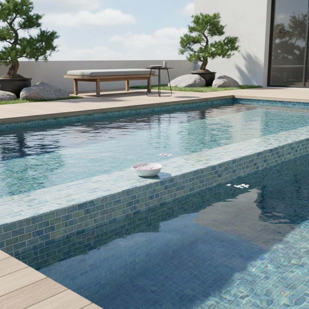 A swimming pool featuring a glass mosaic tile backsplash, surrounded by a sleek deck and minimalist outdoor furniture, with t.